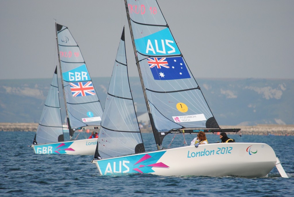 Australia and Britain competing in the SKUD18 class on Day 4 of the 2012 Paralympics at Portland © David Staley - IFDS 